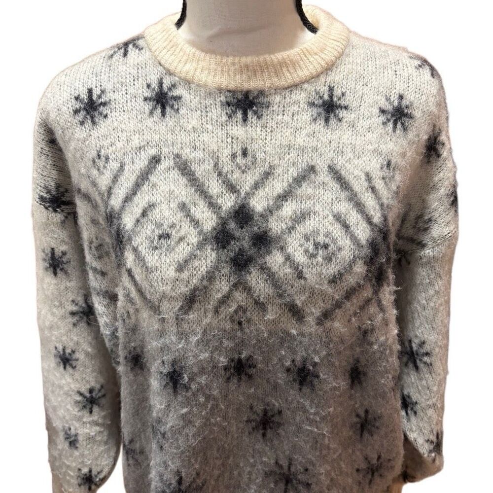 Samband of Iceland Vintage Wool Sweater Grey Black Snowflake Ribbed Trim Men Med - Picture 3 of 9